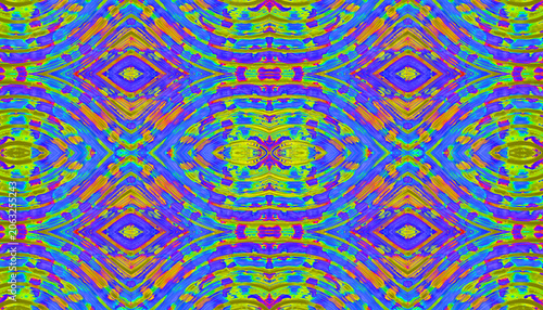 Bright Symmetrical Kaleidoscope Abstract Pattern with Blue Yellow Neon Mosaic Texture