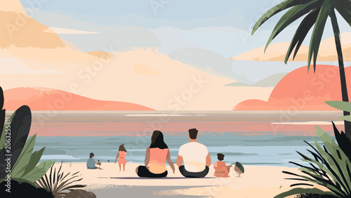 Couple Sitting on Beach Shore Watching Sunset.