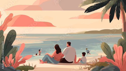 Couple Relaxing on Beach with Palm Trees and Sunset.