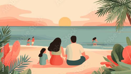 Family Sitting on Beach Shore Watching Sunset.