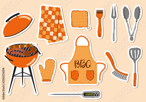 Vector sticker set of BBQ grill tools and equipment, perfect for summer backyard cookout party designs, culinary menus, and picnic planners. Barbecue labels collection.