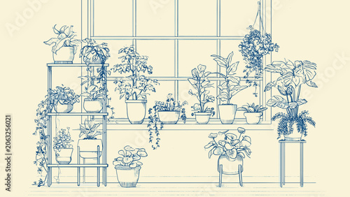 Collection of Potted Plants on Shelves and Stand.