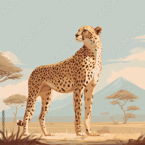 Majestic Cheetah Standing in African Savanna Landscape.