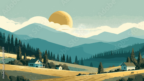 Scenic Mountain Landscape with Sunrise and Forest.
