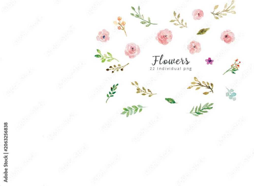 Fototapeta premium pink green white watercolor flower arrangement collection roses wedding invitation, thankyou card, birthday card 