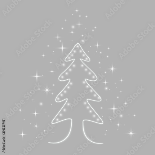 Christmas tree neon glowing outline with sparkling stars festive holiday decoration light effect winter Xmas celebration greeting card PNG overlay design element on transparent background