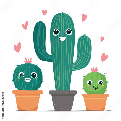 Flat design cactus with hearts and smiley faces