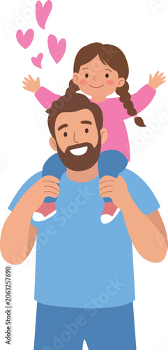 Happy Father Carrying Daughter On Shoulders With Love Hearts Family Bonding Vector Illustration Isolated on Transparent Background PNG.