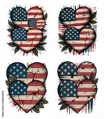 Patriotic American Flag Heart Collection with Grunge Distressed Style and Floral Elements for Independence Day Celebration