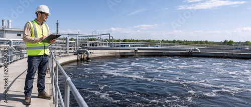 Environmental engineer inspecting a wastewater treatment plant. Professional worker with clipboard standing by a large aeration tank. Industrial water purification and management concept