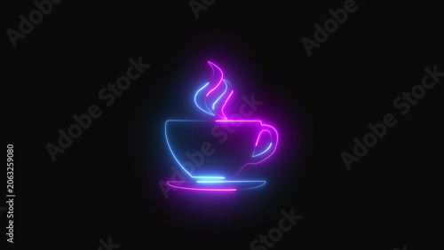 Neon coffee cup icon with glowing steam showing a hot drink in vibrant blue and purple colors on a dark background for modern cafe signage and digital marketing branding elements and menu design
