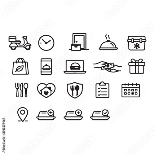 A set of thin line icons representing food delivery services, online restaurant ordering, courier logistics, and meal takeaway procedures.