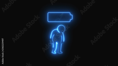 Tablou pe pânză Neon blue glowing illustration of a tired person standing under an empty battery