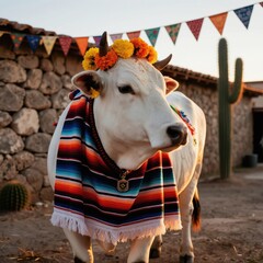 White cow wears colorful Mexican dress, flower crown, and striped serape. Celebratory animal stands in arid landscape near cactus and stone building.