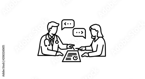 Doctor consulting patient, discussing medical document, communication, healthcare