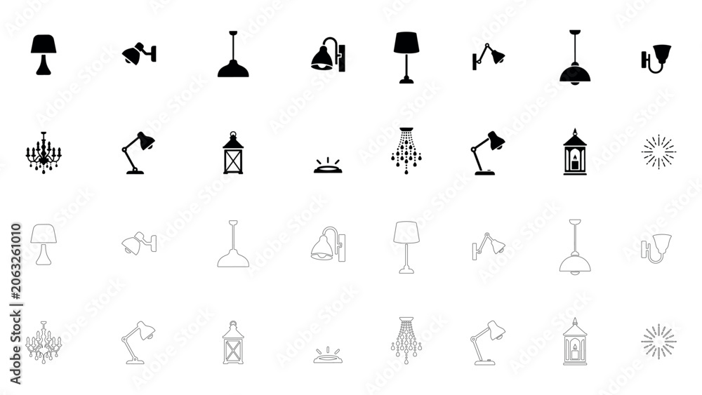 Naklejka premium Light fixture icon set featuring various ceiling lamps wall sconces lanterns chandeliers and interior lighting elements in solid and linear art styles.