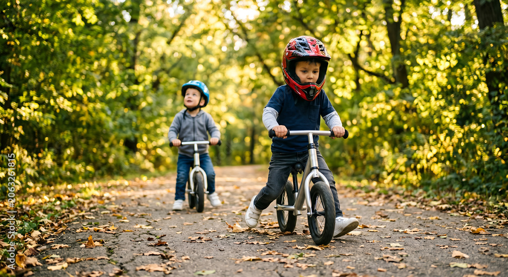 Fototapeta premium Two little boys riding balance bikes on a forest path with fallen leaves