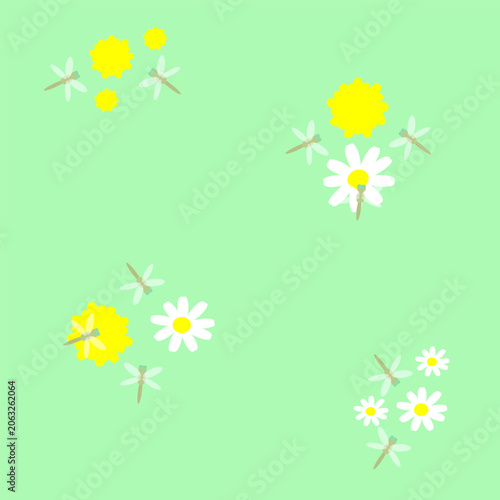 On a green background, a seamless pattern of daisies, dandelions, and dragonflies. Perfect for designing a bedroom, kindergarten, or school. Vector graphics