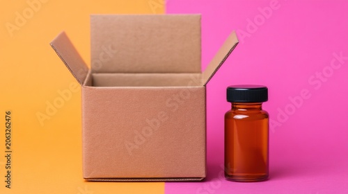 A small amber glass bottle with a black cap stands next to an open cardboard box against a dual orange and pink background.