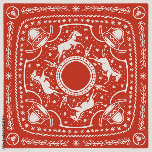 Fotografie Red and white square bandana pattern with rearing horses, cowboy hats, and decorative border