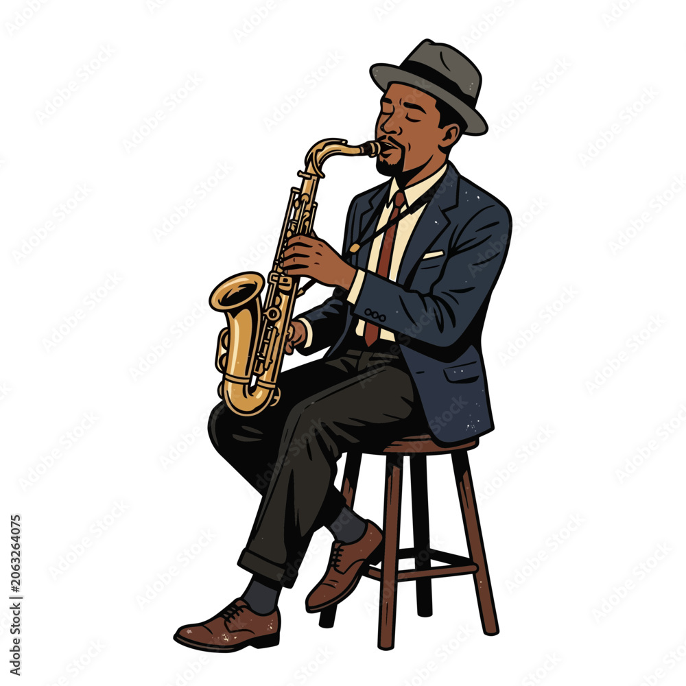 Fototapeta premium Jazz musician playing saxophone cartoon illustration