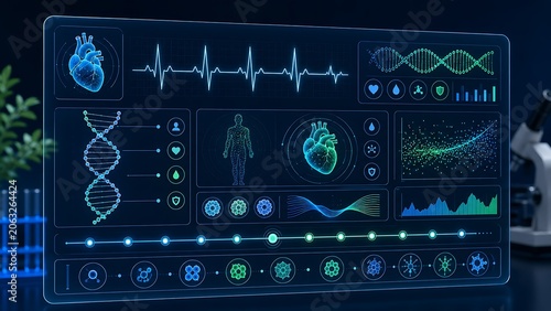 Futuristic Medical Dashboard with DNA Analysis Heart Monitoring and Healthcare Data Visualization
