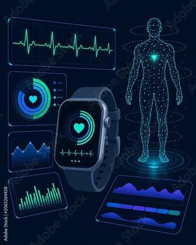 Futuristic Smartwatch Health Monitoring Dashboard with Heart Rate Tracking and Digital Healthcare Analytics
