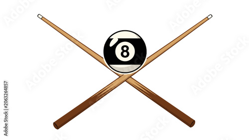 Quadro su tela Classic Billiard 8-Ball with Crossed Pool Cues on Isolated White Background
