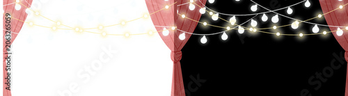 PNG image of Elegant theater curtains with glowing string lights, red velvet stage drapes and festive fairy light bulbs, cinematic performance background isolated on Transparent Background