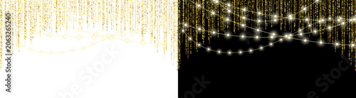 Tableau sur toile PNG image of Golden glitter curtain with hanging string lights, sparkling gold f