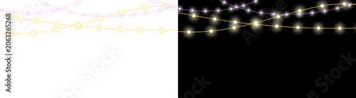 PNG image of Glowing string lights with warm yellow and white bulbs, festive fairy light garlands for holiday decoration, decorative hanging light strands isolated on Transparent Background
