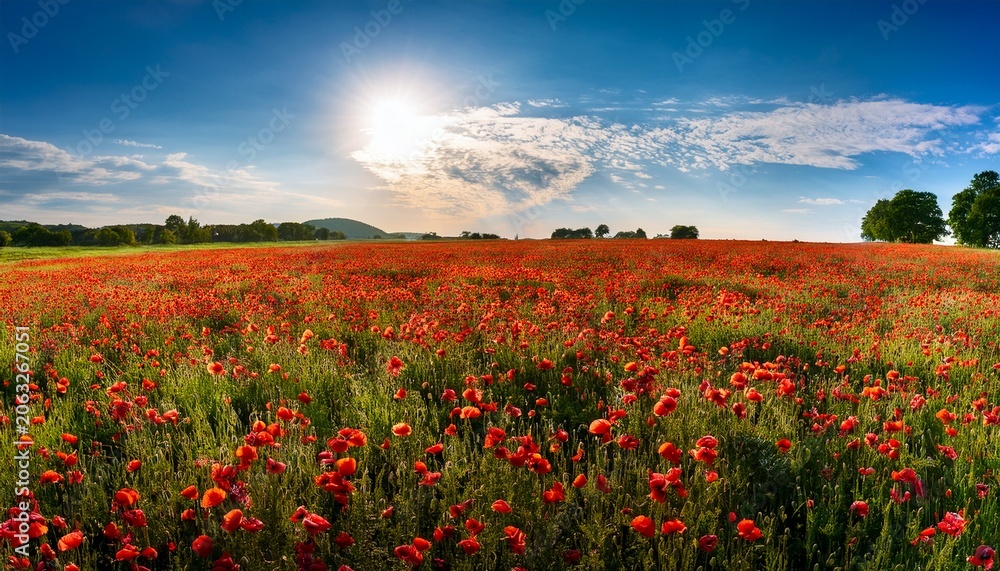 Obraz premium vast field of red poppies under a bright blue sky with fluffy clouds and warm sunlight green grass and distant tree line peaceful and uplifting panorama