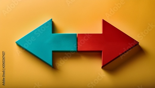 two opposing teal and red arrow shapes on a textured yellow panel beside a soft muted gradient evoking contrast and indecision