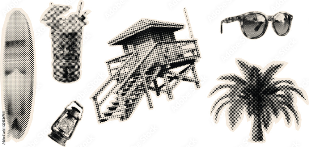 Obraz premium Halftone beach collage with surfboard palm tree sunglasses and cocktail on shore