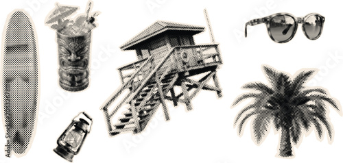 Halftone beach collage with surfboard palm tree sunglasses and cocktail on shore