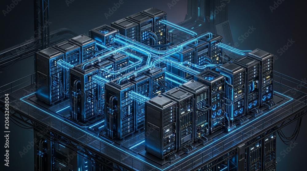 Fototapeta premium Futuristic server rack cluster with glowing blue cables