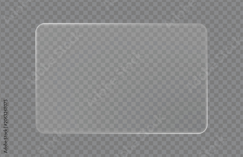  transparent glass or acrylic rectangle plate with rounded corners and a glossy reflective border on a checkered background, ideal for UI panels, badges, and product mockup overlays.