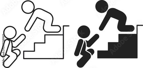 Obraz na płótnie One stick figure helping another climb stairs vector illustration
