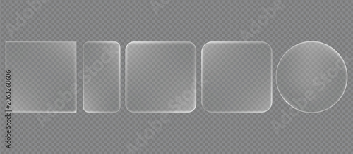  set of five transparent glass or acrylic plate shapes including squares, rectangles, and a circle on a checkered background, ideal for UI mockups, badges, frames, and product design overlays.