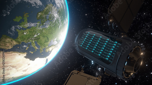 Satellite with servers for training artificial intelligence. CGI Concept.