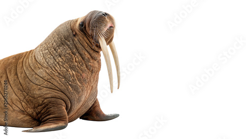 Large brown walrus with long tusks lying down in profile isolated on transparent background cut out