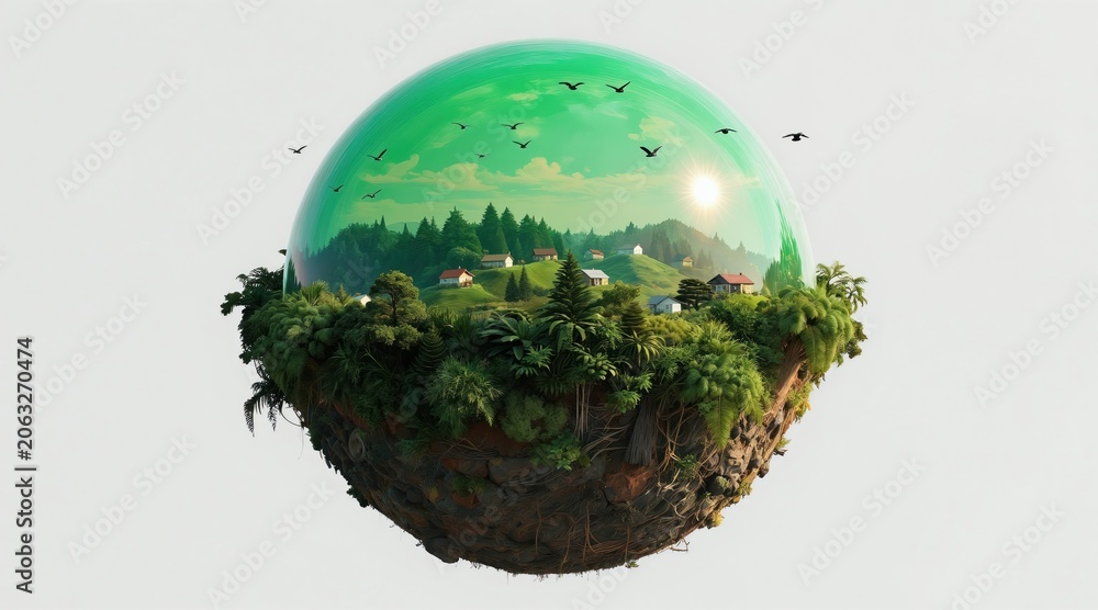 Obraz premium Floating island with houses and trees under green dome. Birds fly in bright sky. Surreal nature landscape, eco friendly living, futuristic concept.