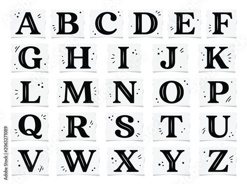 Alphabet Uppercase Letters A to Z on Torn Paper Notes Ripped Texture Scrapbook Font Vector Set Illustration