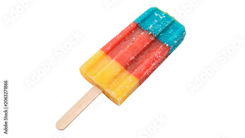 Colorful rainbow striped fruit ice pop popsicle on a wooden stick isolated on transparent background cut out