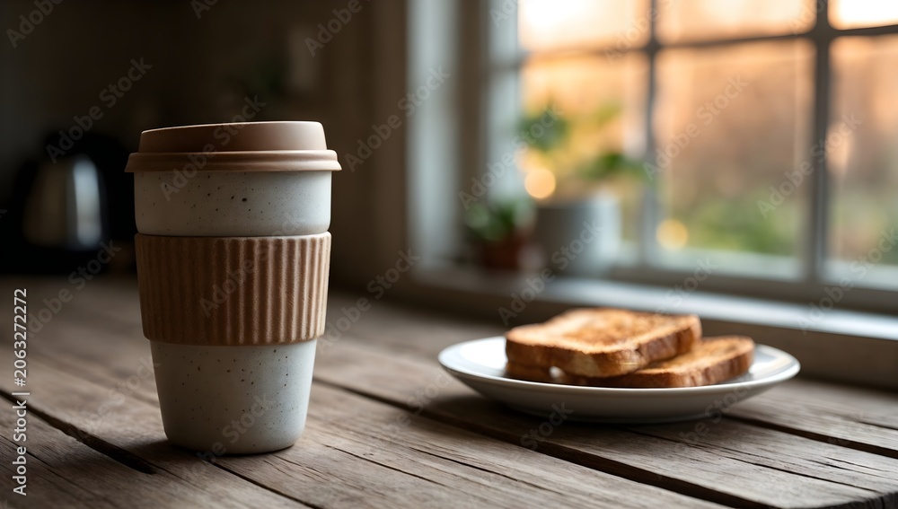 Naklejka premium Reusable Coffee Cup on Breakfast Table During Morning Routine