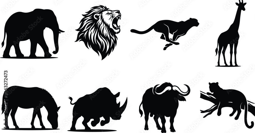 Fototapeta premium Wildlife safari animal silhouettes of elephant, lion, cheetah, giraffe, rhinoceros, wildebeest, mammoth, and leopard for vector design