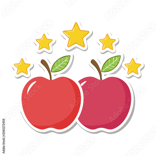 Two red apples with stars and leaves illustration