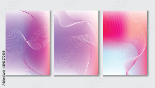  set of three vertical poster backgrounds featuring soft pink and purple gradients with flowing wavy line patterns, ideal for cover designs, banners, brochures, and modern digital wallpapers.