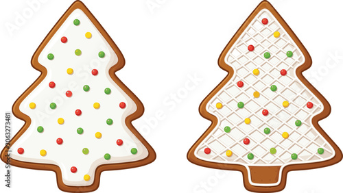 Set of two festive Christmas tree gingerbread cookies decorated with white sugar frosting, lattice patterns, and colorful round sprinkles for holiday food designs