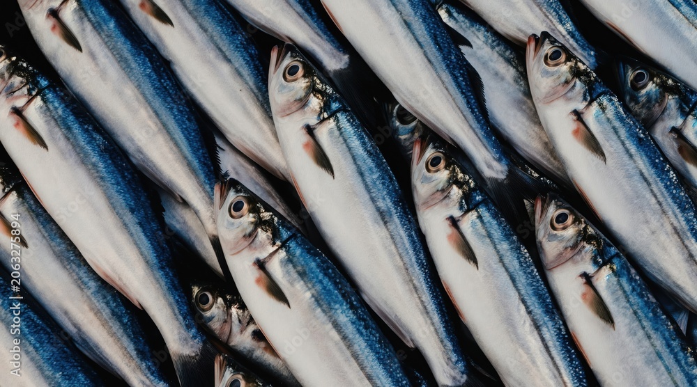 Obraz premium Close view of many fresh Atlantic herring fish tightly packed together. Silvery blue bodies create striking pattern, ideal for food seafood themes. Uncooked sea creatures ready for market.